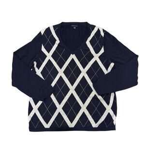 Tommy Hilfiger Argyle V Neck  Sweater Women XL Navy Blue Preppy Work 100% Cotton
